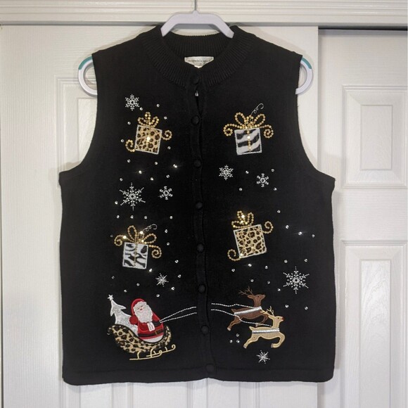 Christmas Sweater Vest Womens L Large Santa Cheetah Zebra Cardigan Reindeer Snow - Picture 2 of 10